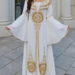 White Moroccan Kaftan Dress with Gold Embroidery – Bridal and Eid Abaya Style Gown (2)