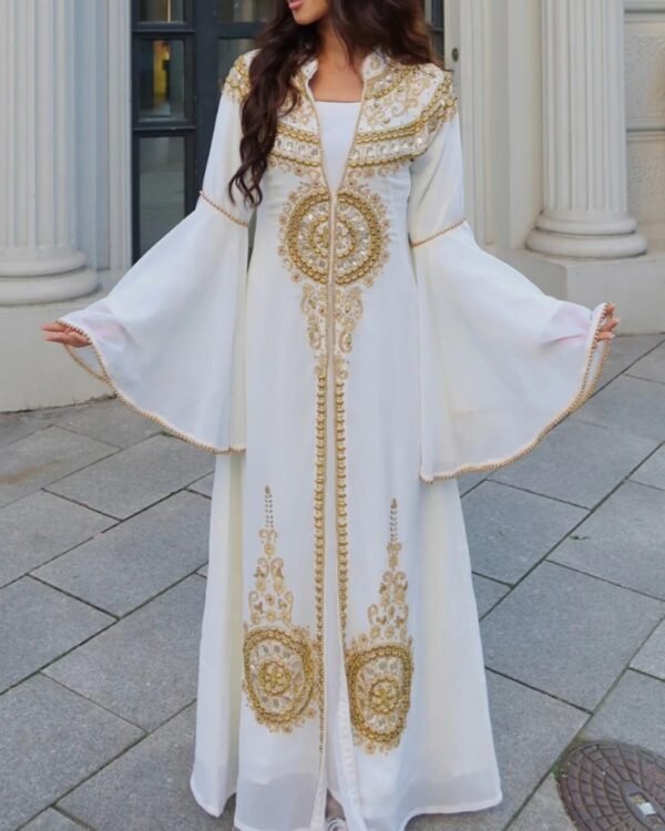 White Moroccan Kaftan Dress with Gold Embroidery – Bridal and Eid Abaya Style Gown (2)