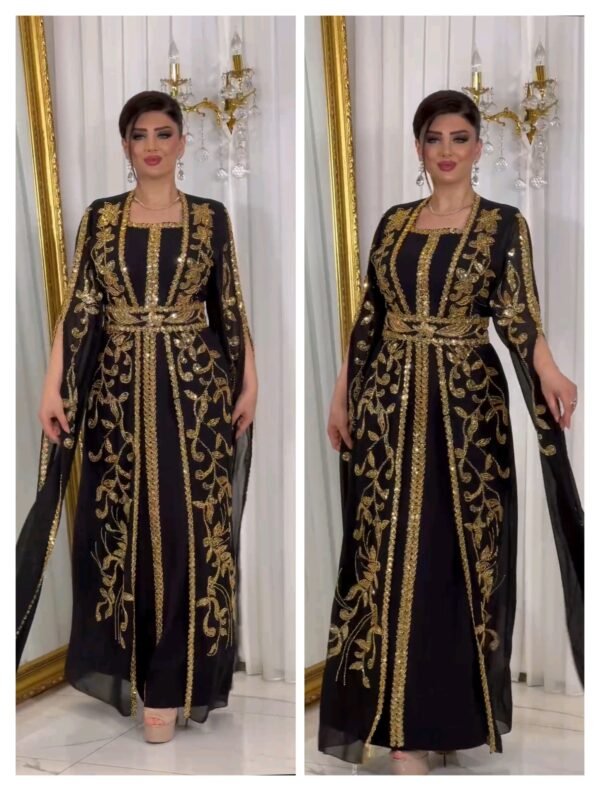 SALE Luxurious Black and Gold Embroidered Moroccan Kaftan Dress with Belt- Limited Stock!