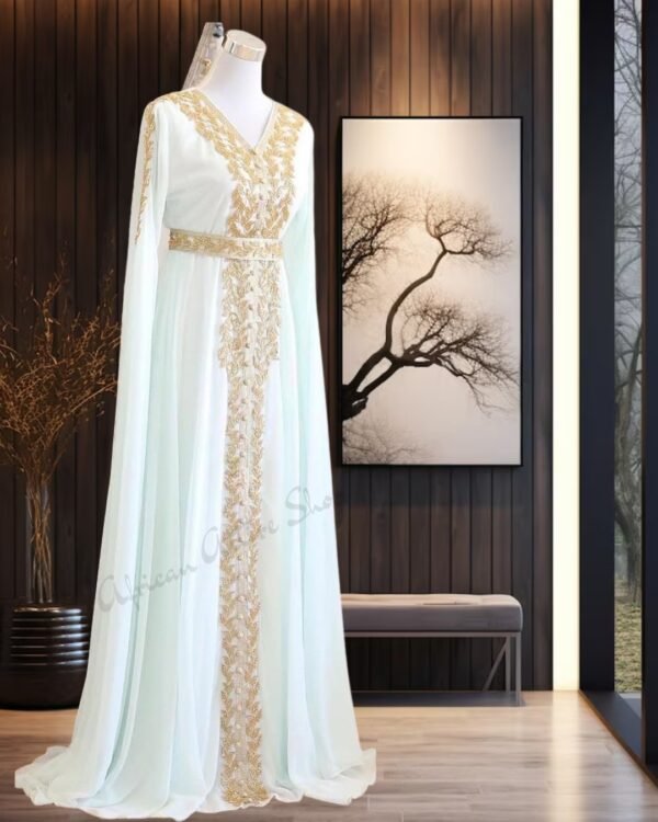 White Moroccan Kaftan with Gold Embroidery and Belt – Bridal Nikkah Dress (1)