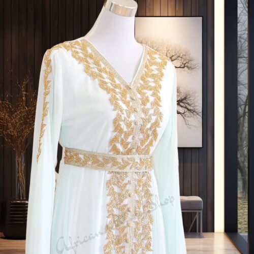 White Kaftan Gown with Gold Embroidery and Embellishments main image 1
