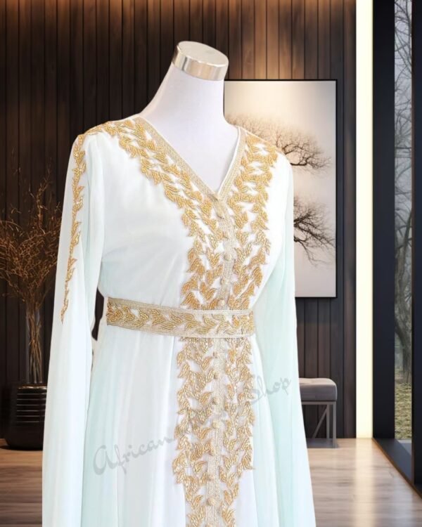 SALE White Moroccan Kaftan Dress with Gold Hand Embroidery
