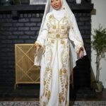 White and Gold Moroccan Bridal Kaftan with Cape Veil (1)