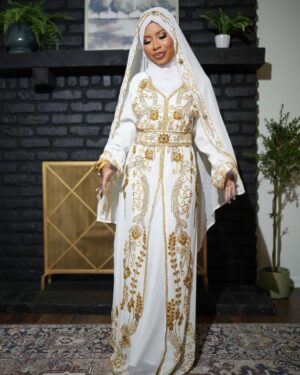 White and Gold Moroccan Bridal Kaftan with Cape Veil (1)
