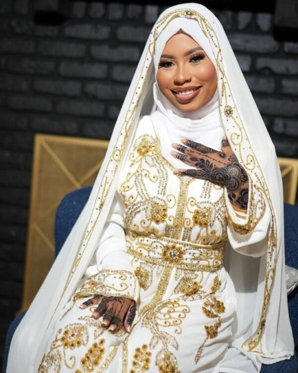 White and Gold Moroccan Bridal Kaftan with Cape Veil (2)