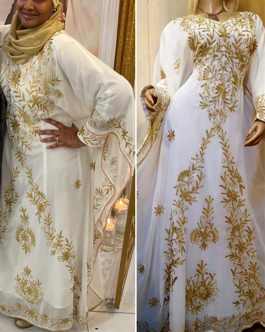 White & Gold Embroidered Georgette Kaftan Dress Elegant Islamic Occasion Wear for Women White & Gold Embroidered Georgette Kaftan Dress Elegant Islamic Occasion Wear for Women