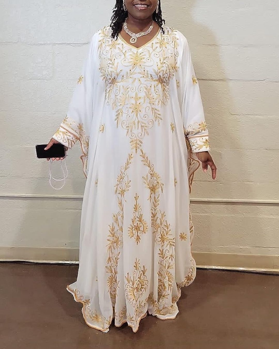 White & Gold Embroidered Georgette Kaftan Dress  Elegant Islamic Occasion  Wear for Women