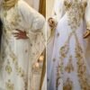 White and gold embroidered georgette kaftan dress for women – Islamic modest fashion Eid Nikkah gown (1)
