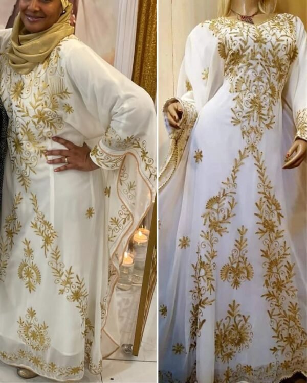 White and gold embroidered georgette kaftan dress for women – Islamic modest fashion Eid Nikkah gown (1)