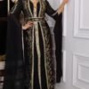 Black Moroccan kaftan dress with gold embroidery and georgette sleeves for wedding and evening wear (1)