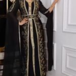 Black Moroccan kaftan dress with gold embroidery and georgette sleeves for wedding and evening wear (1)