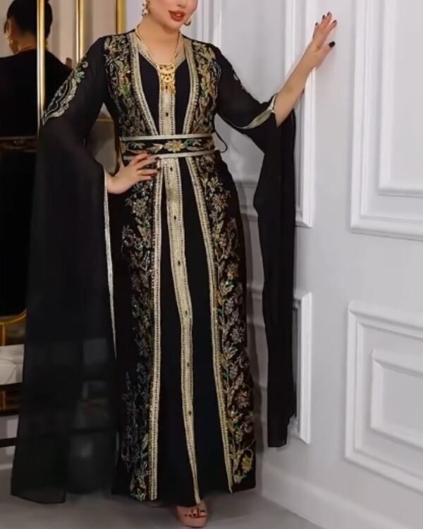 Black Moroccan kaftan dress with gold embroidery and georgette sleeves for wedding and evening wear (1)