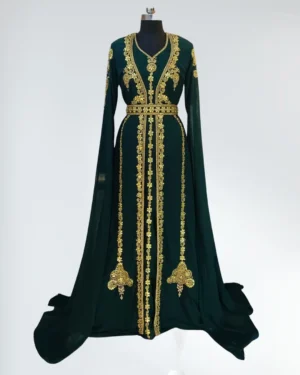 Black Moroccan kaftan dress with gold embroidery and long sleeves for wedding and evening wear (1)