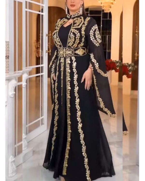 Black Moroccan kaftan dress with heavy gold embroidery and chiffon sleeves for weddings and Eid (3)