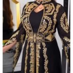 Black Moroccan kaftan dress with heavy gold embroidery and chiffon sleeves for weddings and Eid (5)