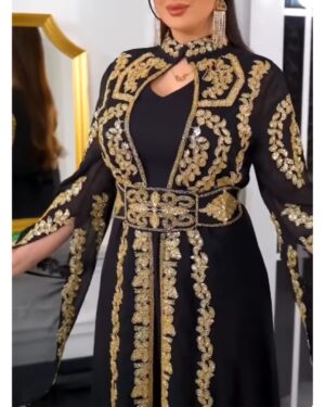 Black Moroccan kaftan dress with heavy gold embroidery and chiffon sleeves for weddings and Eid (5)