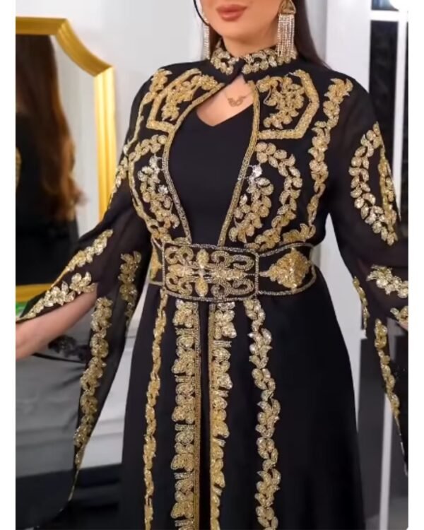 Black Moroccan kaftan dress with heavy gold embroidery and chiffon sleeves for weddings and Eid (5)