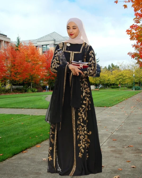Elegant Black Moroccan Kaftan Abaya Dress with Gold Floral Embroidery – Modest Islamic Fashion