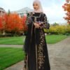 Black abaya dress with gold floral embroidery, matching scarf, and belt – modest Islamic fashion for Eid and weddings (1)
