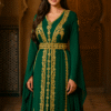 Green Moroccan kaftan dress with gold embroidery and long sleeves for wedding and evening wear