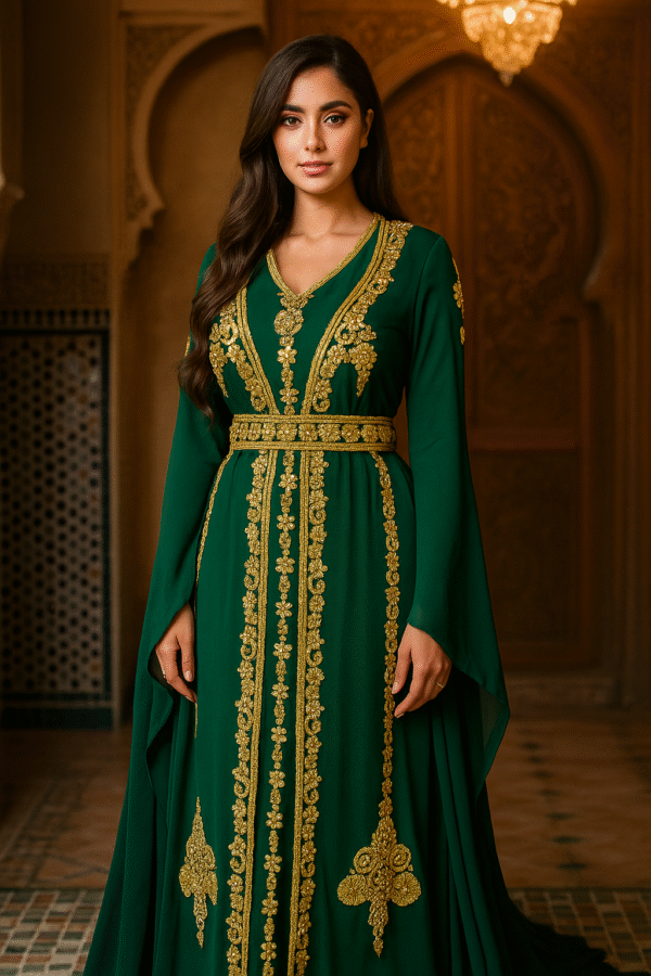 Green Moroccan kaftan dress with gold embroidery and long sleeves for wedding and evening wear