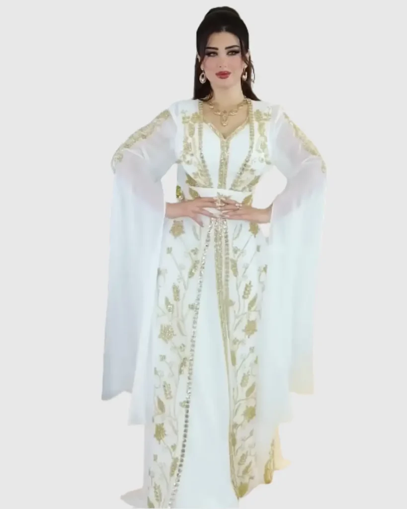 Buy Luxury Moroccan White & Gold Hand-Embroidered Kaftan Dress