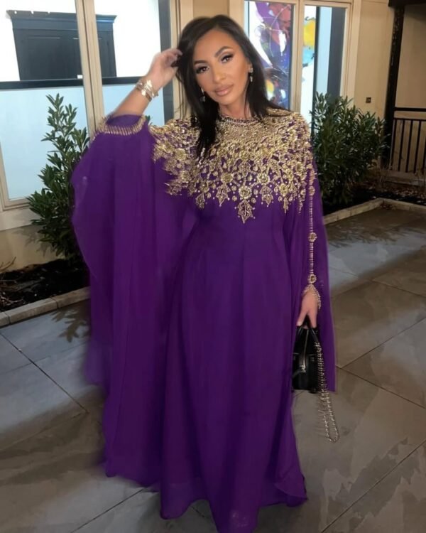 Moroccan Kaftan with Gold Embroidered Neckline and Cape Sleeves – Eid and Nikkah Special Dress (1)