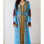 Sky blue Moroccan kaftan with crystal stone embellishments and matching belt (1)