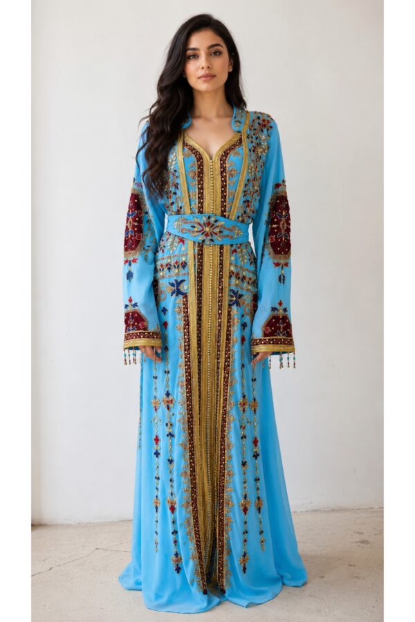 Sky blue Moroccan kaftan with crystal stone embellishments and matching belt (1)