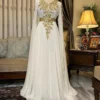 White Moroccan bridal kaftan dress with gold embroidery and flowing gown for Nikkah and Eid (1)