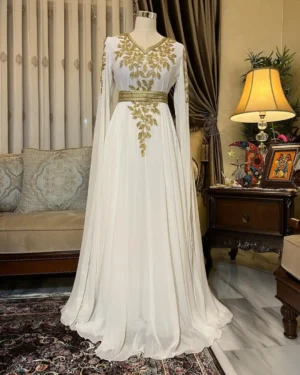 White Moroccan bridal kaftan dress with gold embroidery and flowing gown for Nikkah and Eid (1)