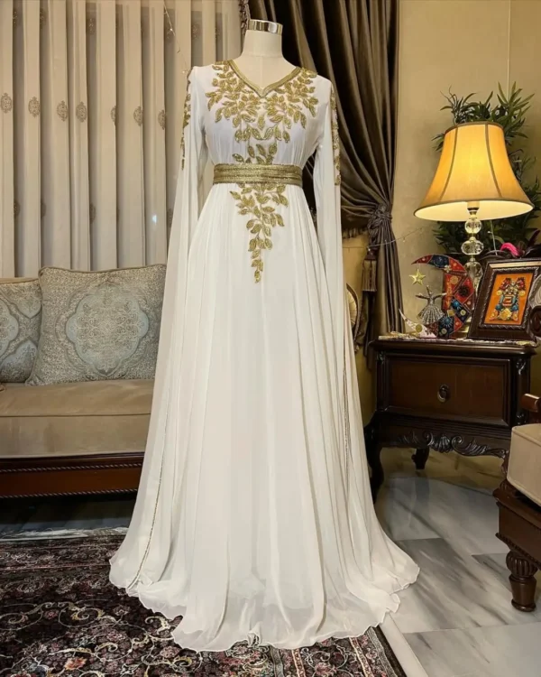 White Moroccan bridal kaftan dress with gold embroidery and flowing gown for Nikkah and Eid (1)
