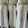 White Moroccan kaftan dress with gold embroidery and belt for bridal, Eid, and special occasions (1)