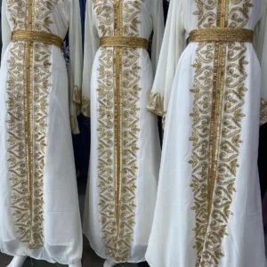 White Moroccan kaftan dress with gold embroidery and belt for bridal, Eid, and special occasions (1)