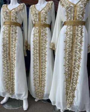 White Moroccan kaftan dress with gold embroidery and belt for bridal, Eid, and special occasions (1)