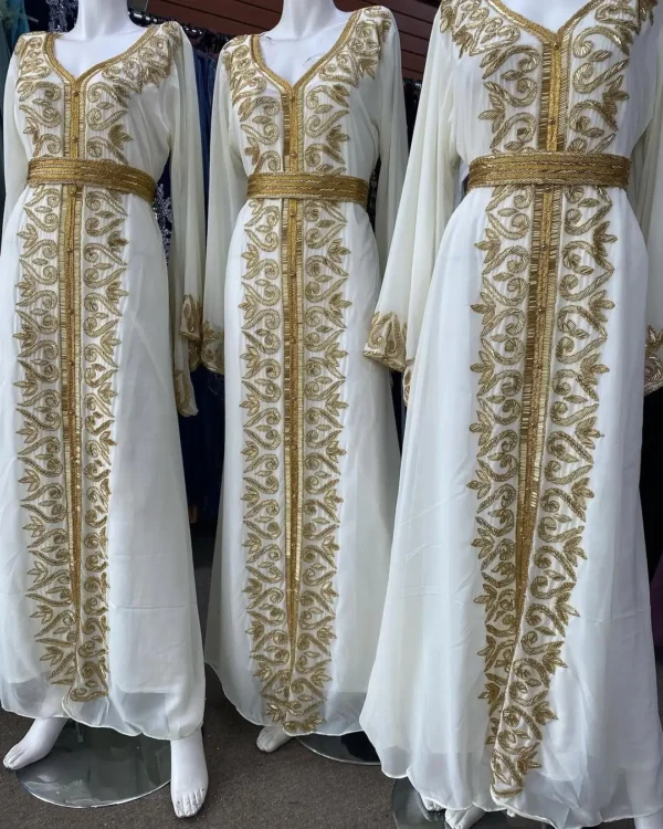 White Moroccan kaftan dress with gold embroidery and belt for bridal, Eid, and special occasions (1)