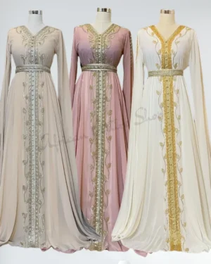 Beige, pink, and white Moroccan kaftan dresses with silver and gold embroidery for weddings and Eid