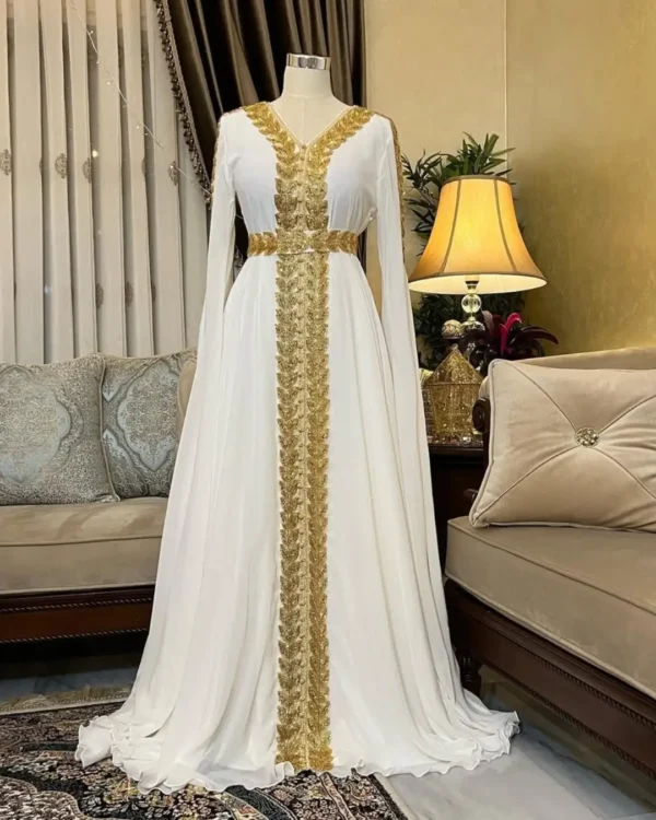 Stunning White Moroccan Kaftan Dress with Gold Hand Embroidery (2)
