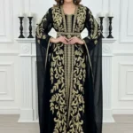 Black Moroccan kaftan dress with gold embroidery, handmade long gown for weddings and parties (1)