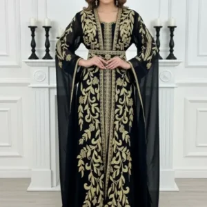 Black Moroccan kaftan dress with gold embroidery, handmade long gown for weddings and parties (1)