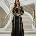 Black Moroccan wedding kaftan dress with gold embroidery, handmade long jacket gown for women (1)