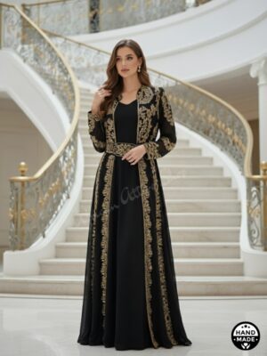 Black Moroccan wedding kaftan dress with gold embroidery, handmade long jacket gown for women (1)