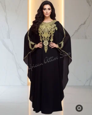 Black and gold Moroccan embroidered kaftan dress handmade from chiffon, luxury gown for weddings and parties (1)