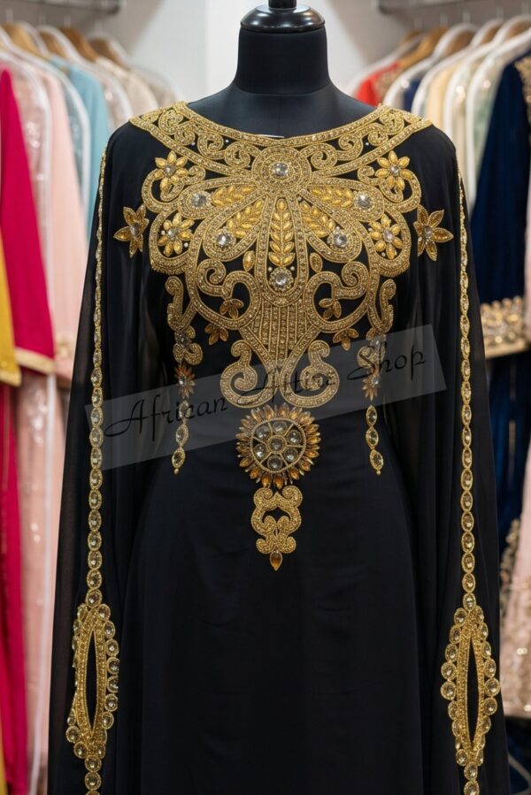 Black and gold Moroccan embroidered kaftan dress handmade from chiffon luxury gown for weddings and parties (1)