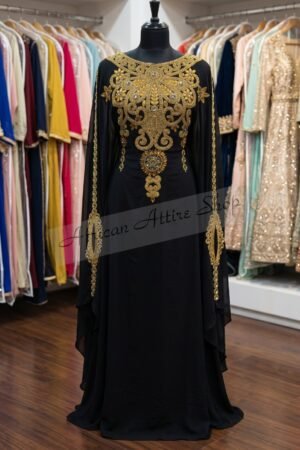 Black and gold Moroccan embroidered kaftan dress handmade from chiffon luxury gown for weddings and parties (2)