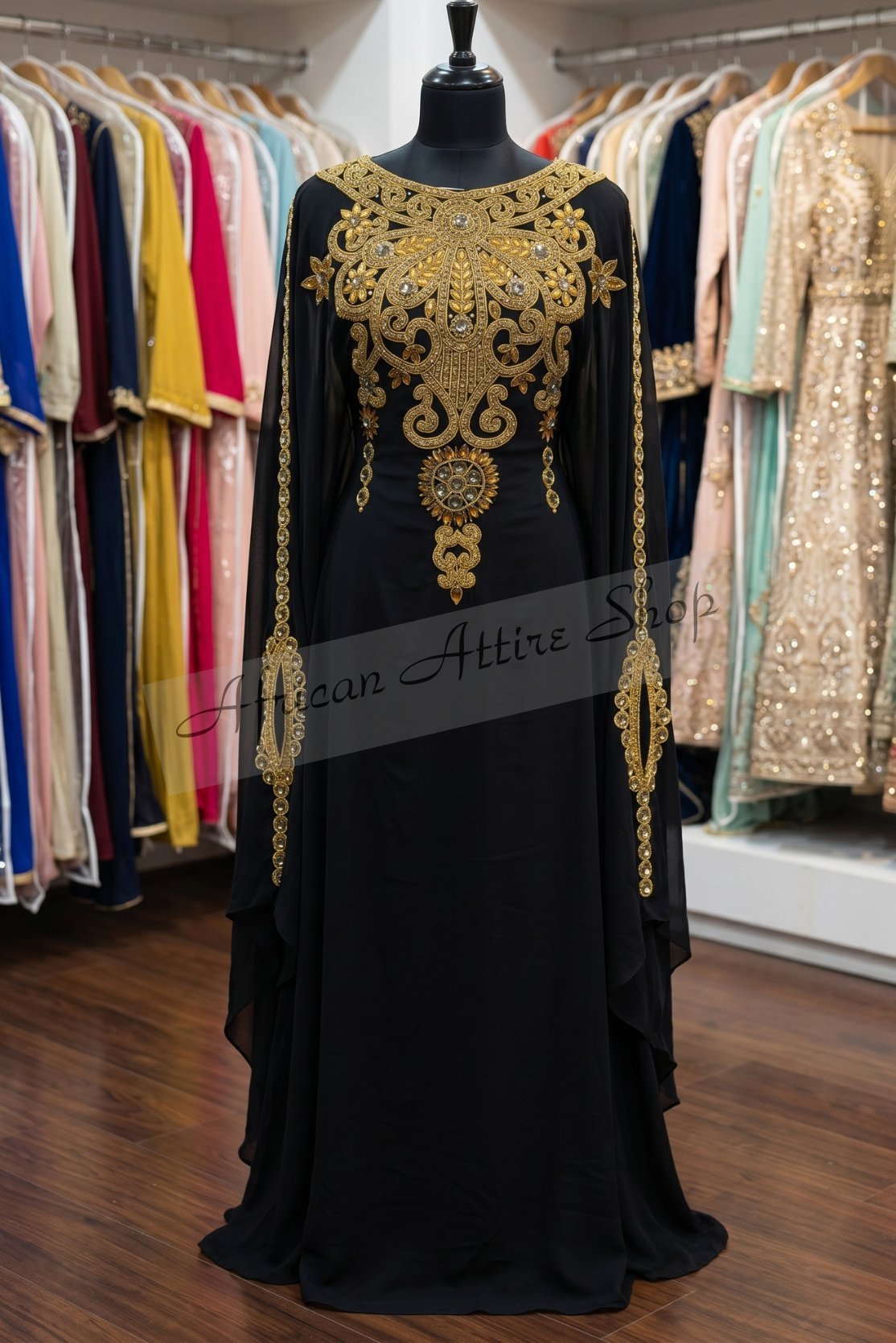 Black and gold Moroccan embroidered kaftan dress handmade from chiffon luxury gown for weddings and parties (2)