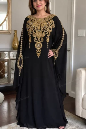 Black and gold Moroccan embroidered kaftan dress handmade luxury gown for weddings and parties