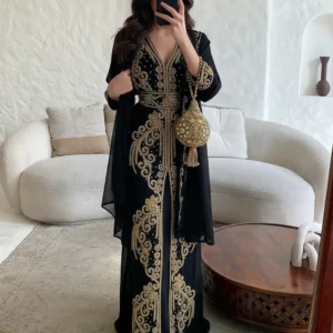 Black and gold Moroccan kaftan dress with hand embroidery, chiffon fabric, and belt for weddings and parties