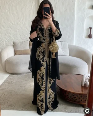 Black and gold Moroccan kaftan dress with hand embroidery, chiffon fabric, and belt for weddings and parties