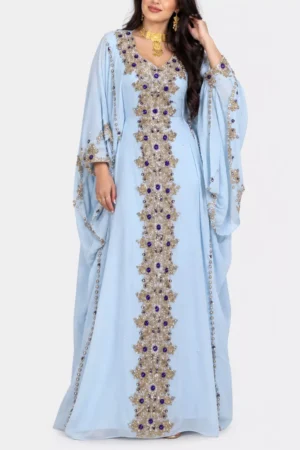 Light Blue Moroccan Kaftan Dress with Gold and Blue Hand Embroidery Luxury Handmade Wedding Kaftan Designer Caftan for Henna Party Nikkah Eid and Evening Wear (1)